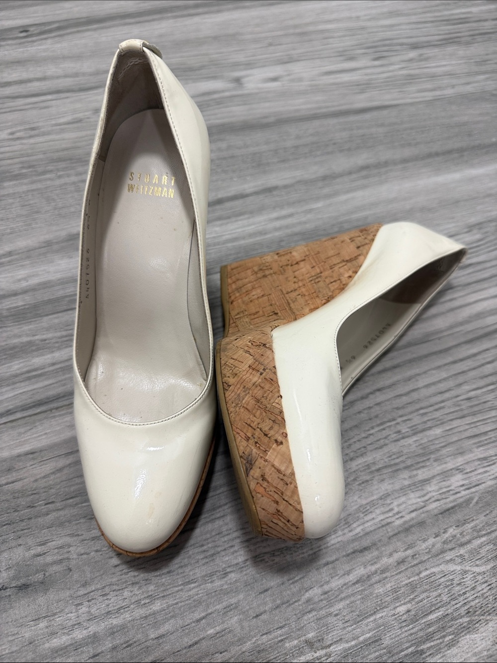Stuart Weitzman Cream Patent Cork Wedge Pumps
